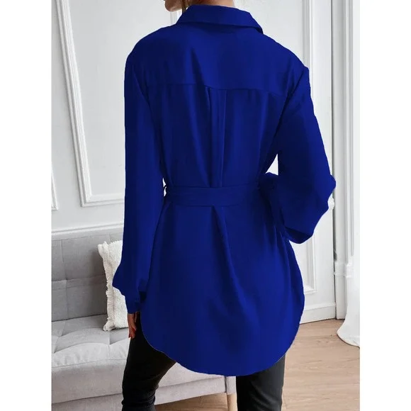 long sleeve Button down Belted tunic length Shirt black - Picture 5 of 11